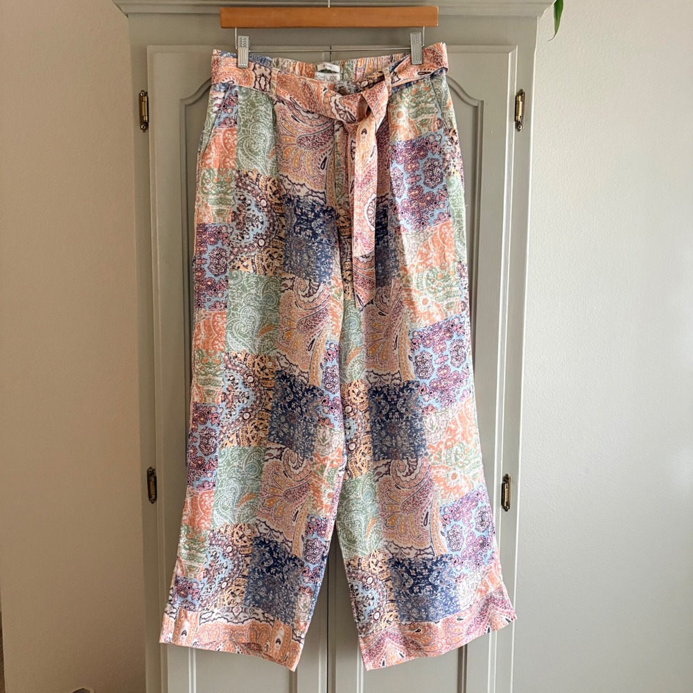 Rachel Zoe 100% Linen Wide Leg Patchwork Paisley Tie Waist‎ Pants Size Medium